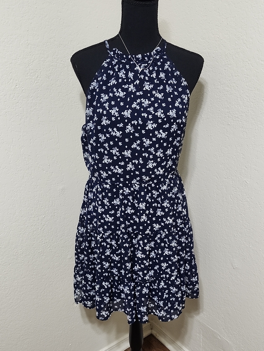 Trixxi Navy Blue Floral Ditsy Halter Ruffle Mini Dress Sz L Coquette Mini Dress